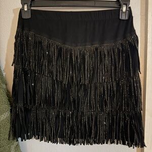 Black Fringe Mini Skirt with Stud Detail